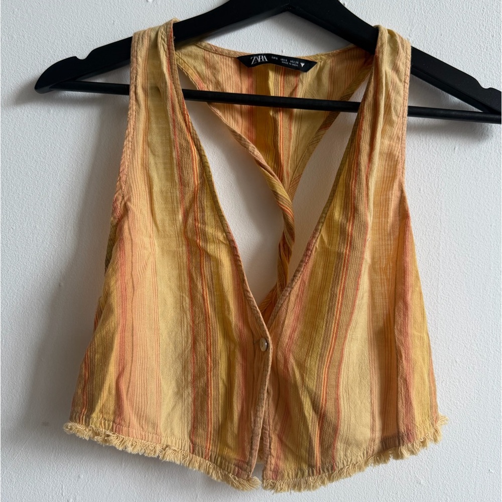 NWOT Zara Striped Halter Crop Top in Peach, Orange, and Yellow Tones Sz Small - Picture 4 of 7